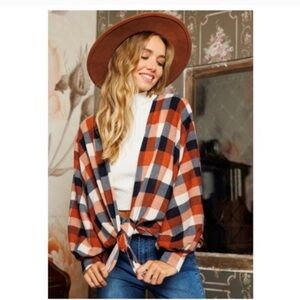 New Fall Multi Colored Checkered Open
Cardigan With Relaxed Sleeves